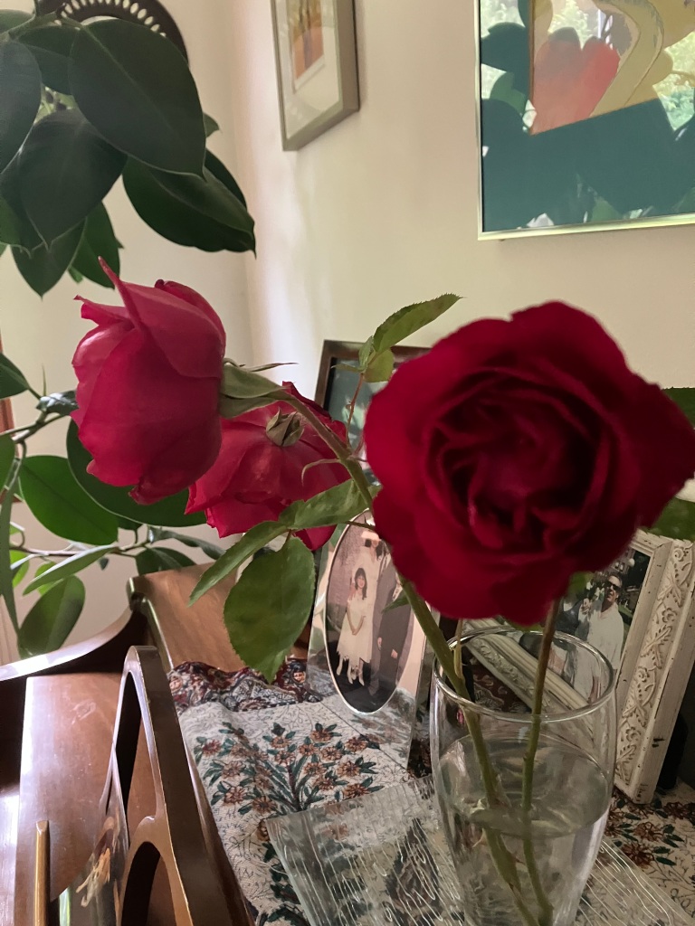 three roses on a piano