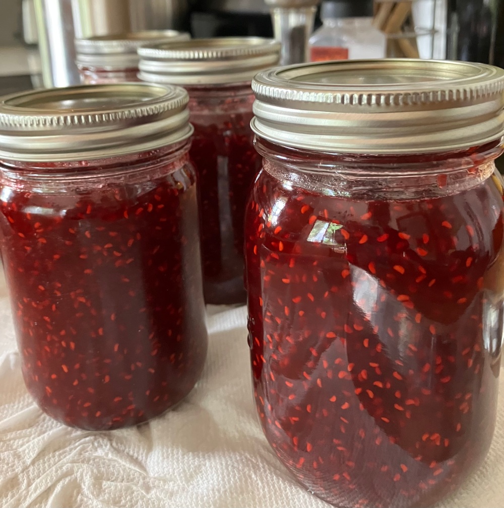 Jars of homemade raspberry jam